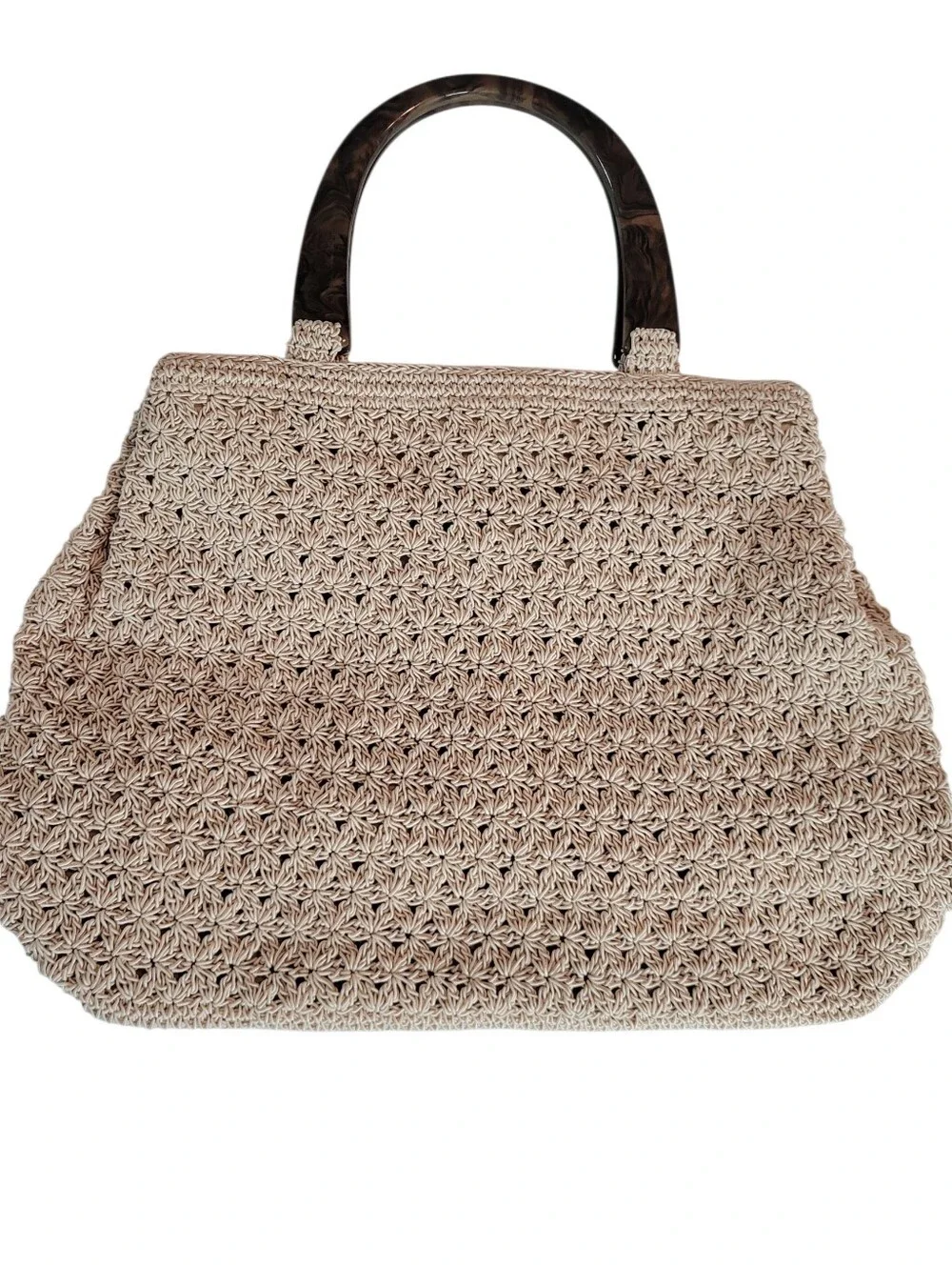 Vintage Liz Claiborne Cream Crochet Star Stitch Handbag Tortoiseshell Handle